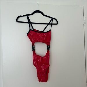 Red Strappy Leotard Bodysuit Onesie for Raves, Festivals